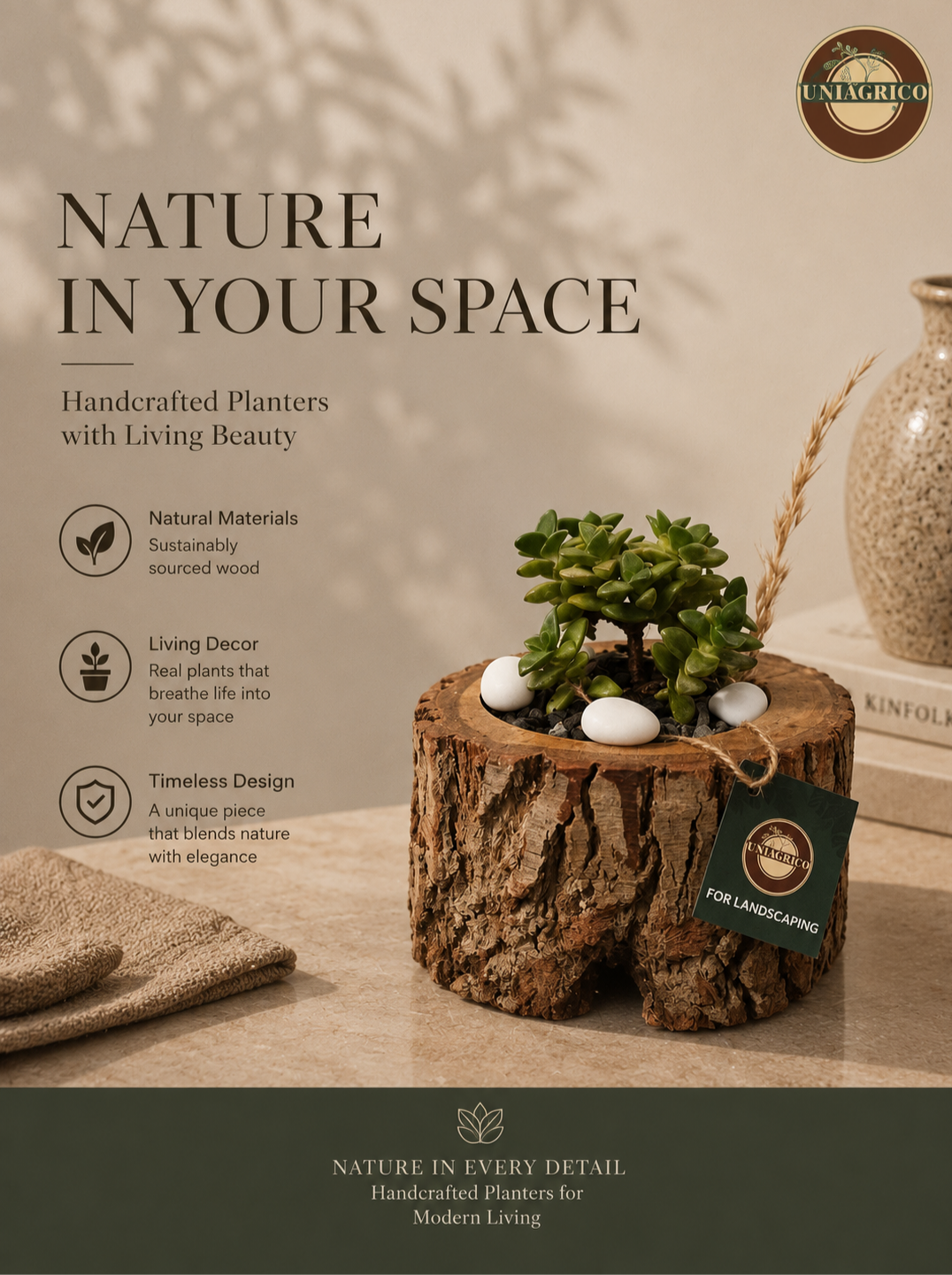Natural tree-trunk planter with living plant